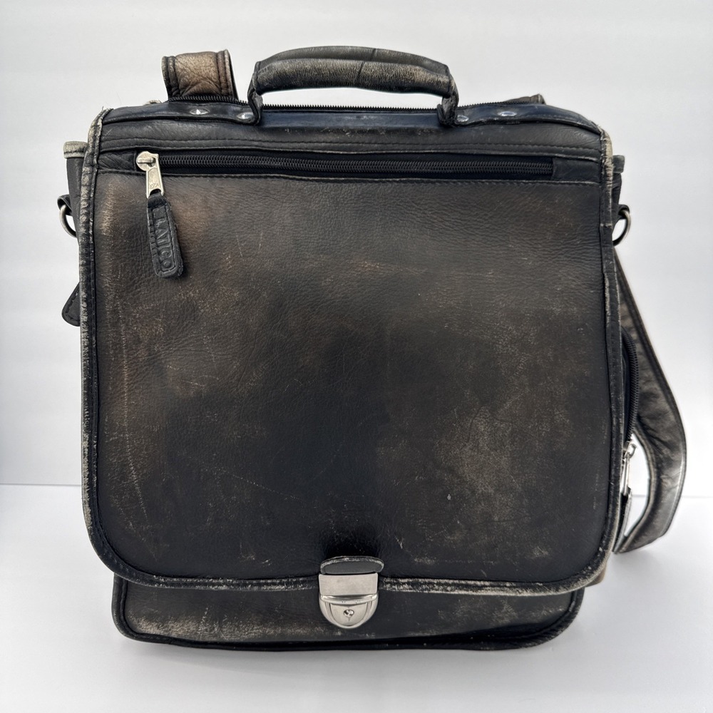 Vtg Latico Black Leather Backpack Computer Messenger Bag Large Distressed